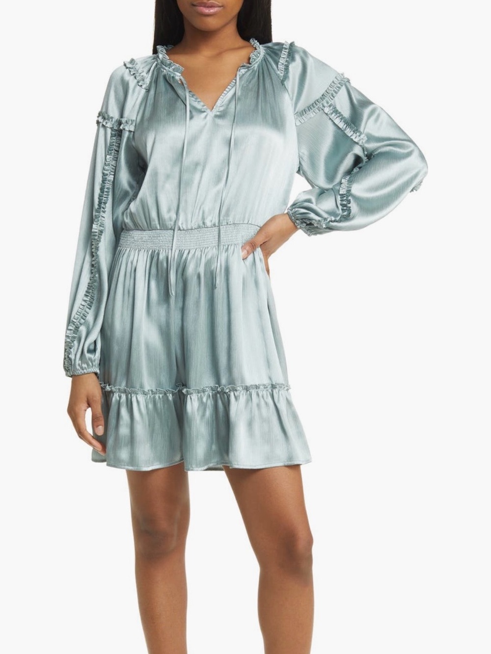 All in Favor Satin Seafoam Mini Dress with Ruffle Hem